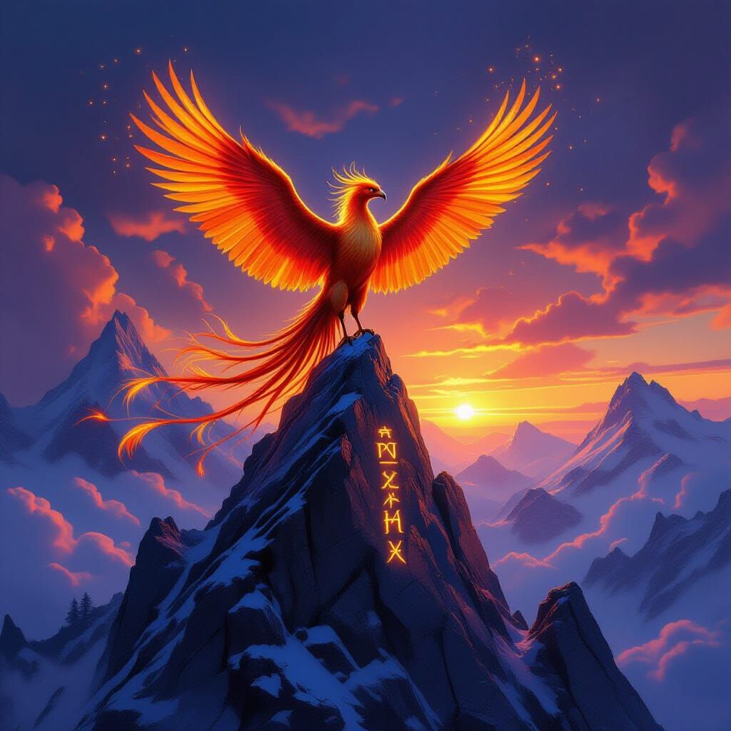 Majestic Phoenix on Crystalline Peak with Glowing Runes