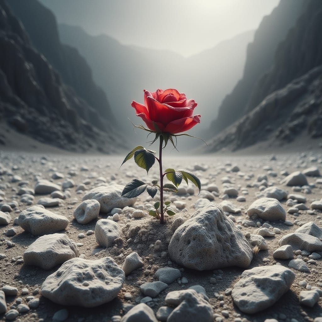 Red Rose Blooms Defiantly in Barren Wasteland