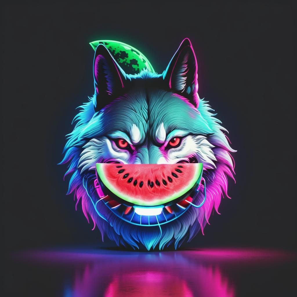 Silver Wolf Eating Watermelon in Synthwave Style