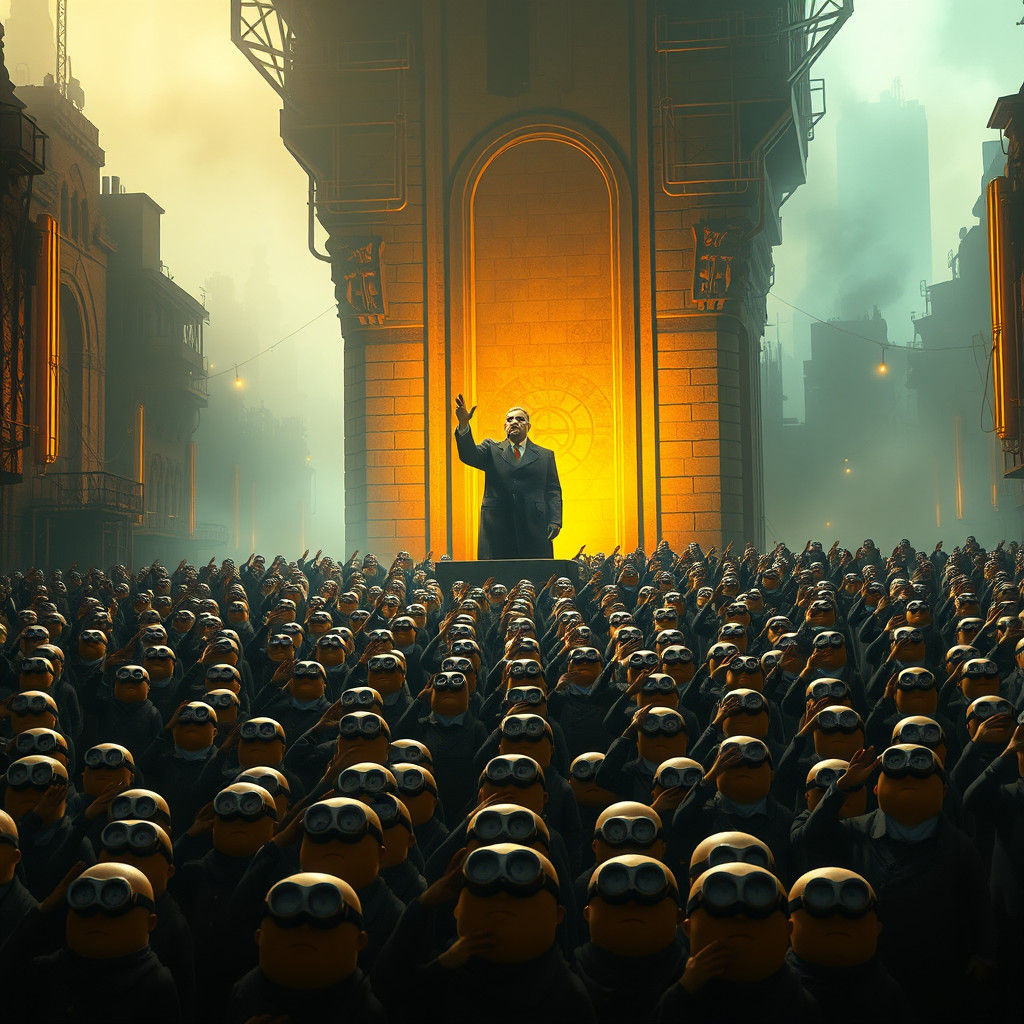 Minions Salute Authoritarian Leader in Dystopian Metropolis
