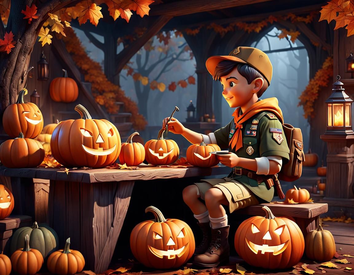 A Cute little Adorable Boy Scout carving a Pumpkin