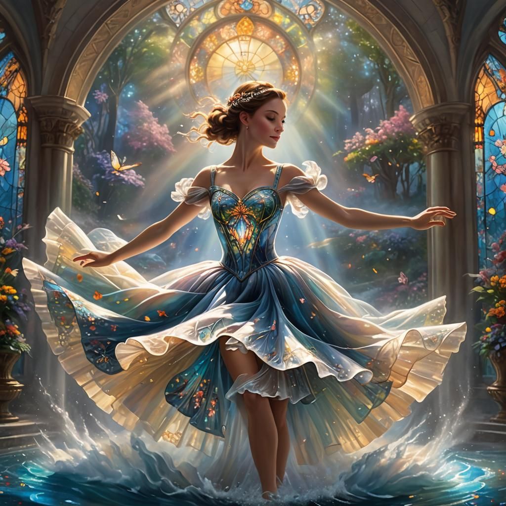 Ballerina in Stained Glass Dress Swirling in Whirlpool