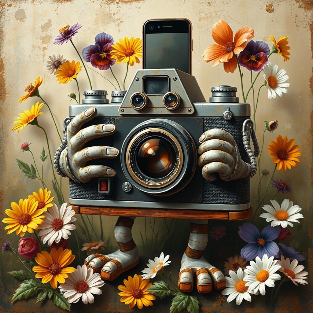 Anthropomorphic Camera Selfies in Whimsical Oil Painting