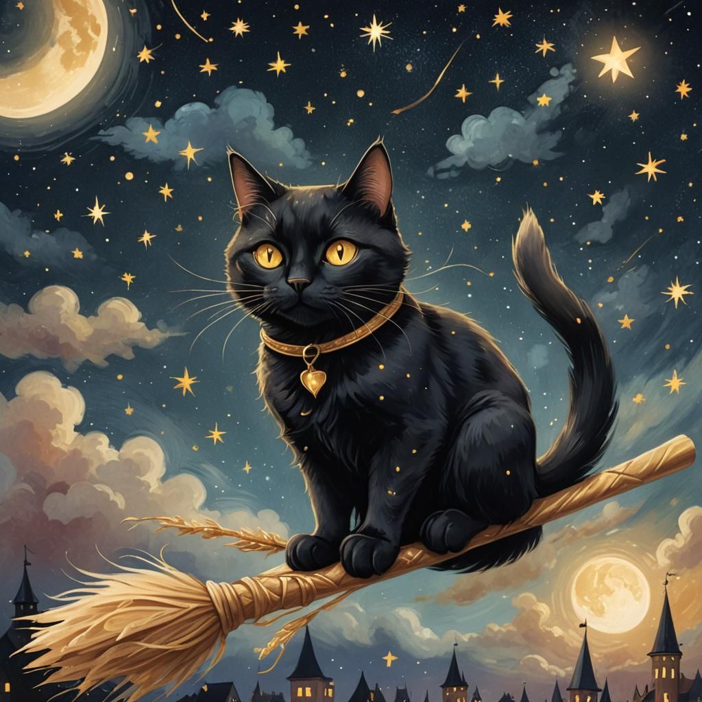 Black Cat's Nocturnal Flight: A Whimsical Illustration