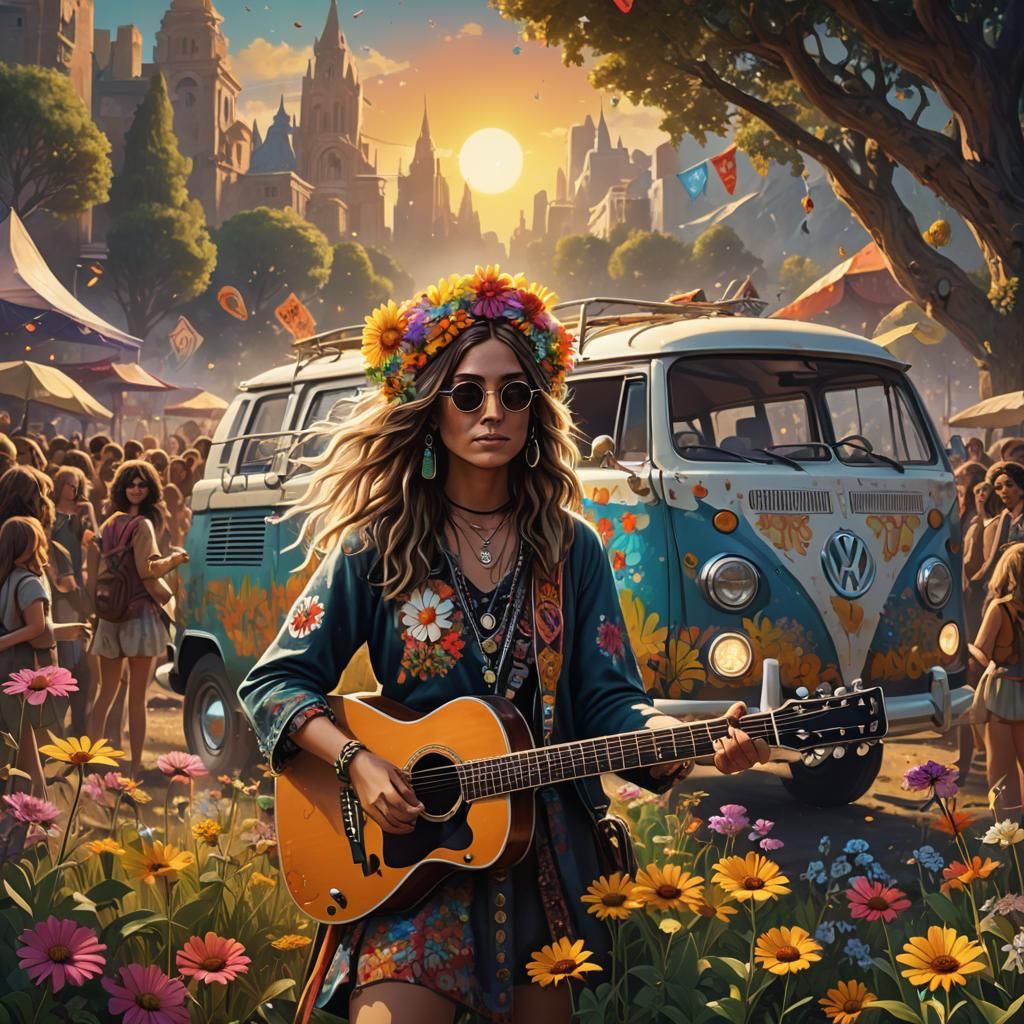 Girl Hippie at 70s Concert, Matte Painting Style