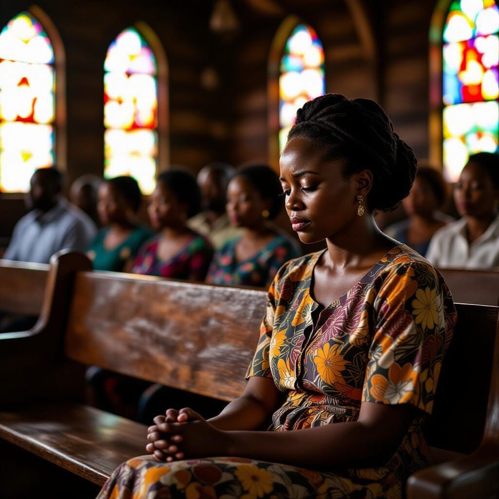 Nigerian Woman in Church Pew, Cinematic Portrait