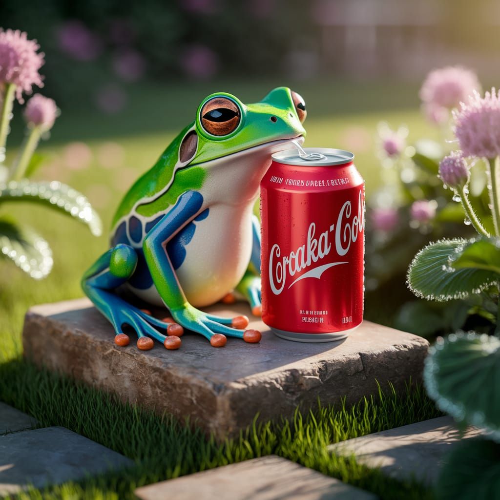 Frog Sipping Croaka-Cola in a Sunlit Garden
