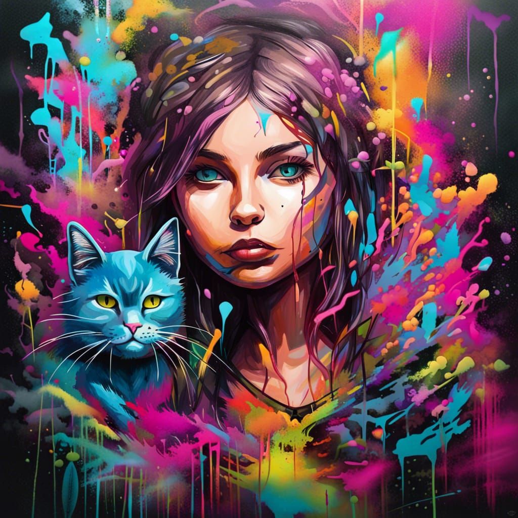 Girl and Cat in Graffiti Magic Forest