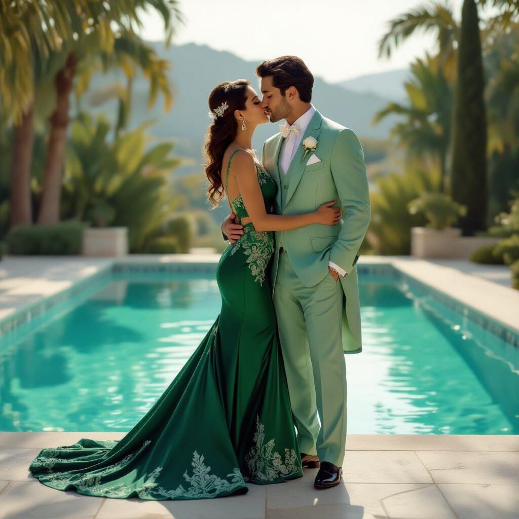 Couple Kissing by Pool in Romantic Painterly Style