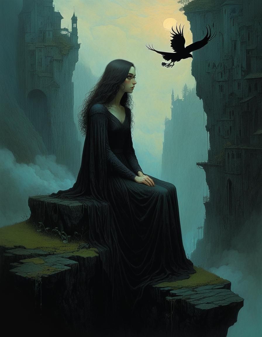 Ethereal Witch on Cliff in Dark Fantasy Style