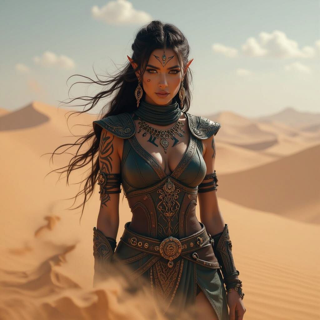 Dark Elf Woman on Desert Dunes in Cinematic Style