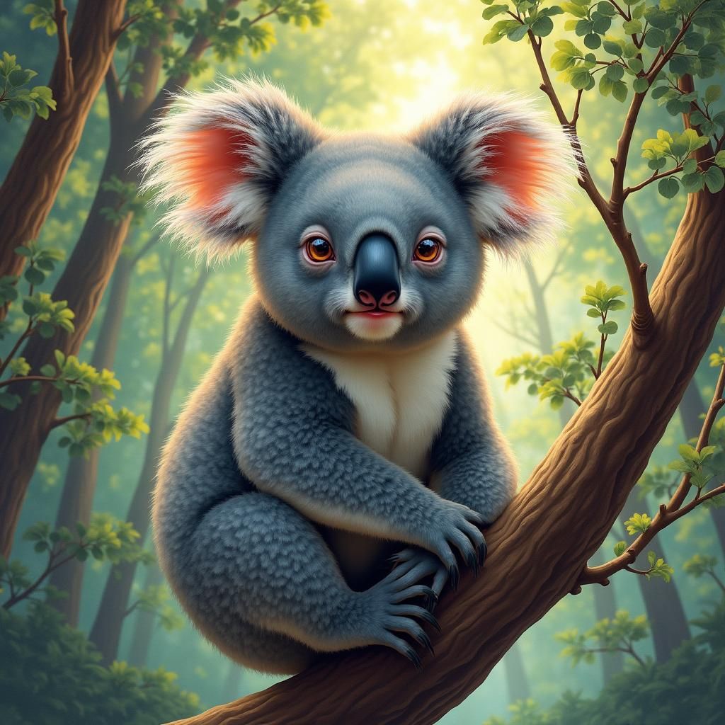 Koala Portrait in Lush Australian Forest, Gouache Style