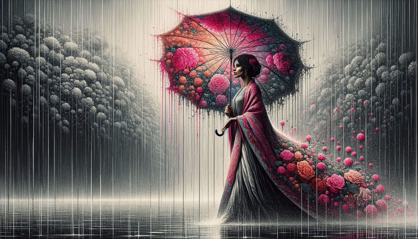 Monochrome Woman in Rain with Floral Umbrella