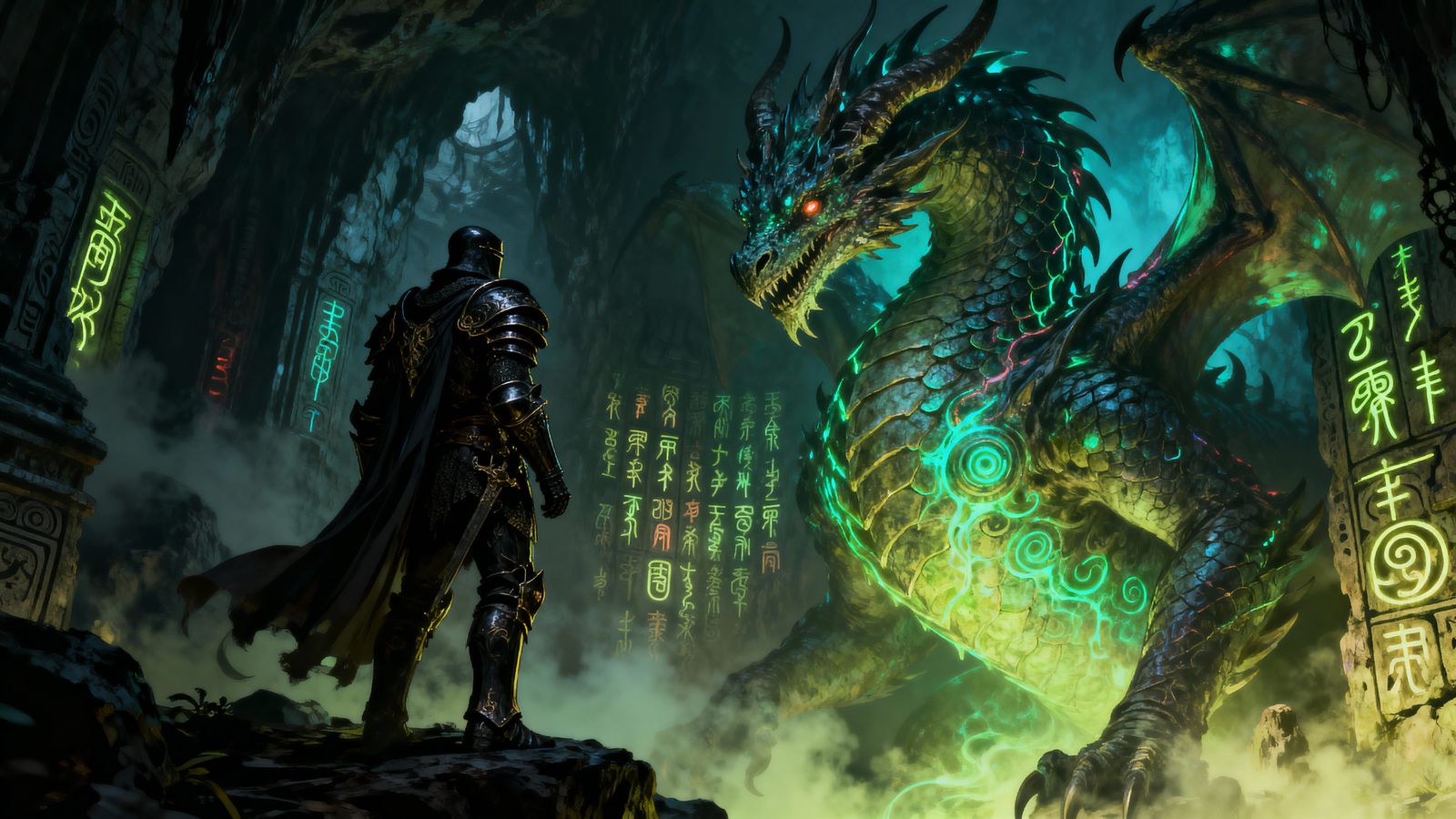 Knight Faces Luminous Dragon in Gothic Cavern