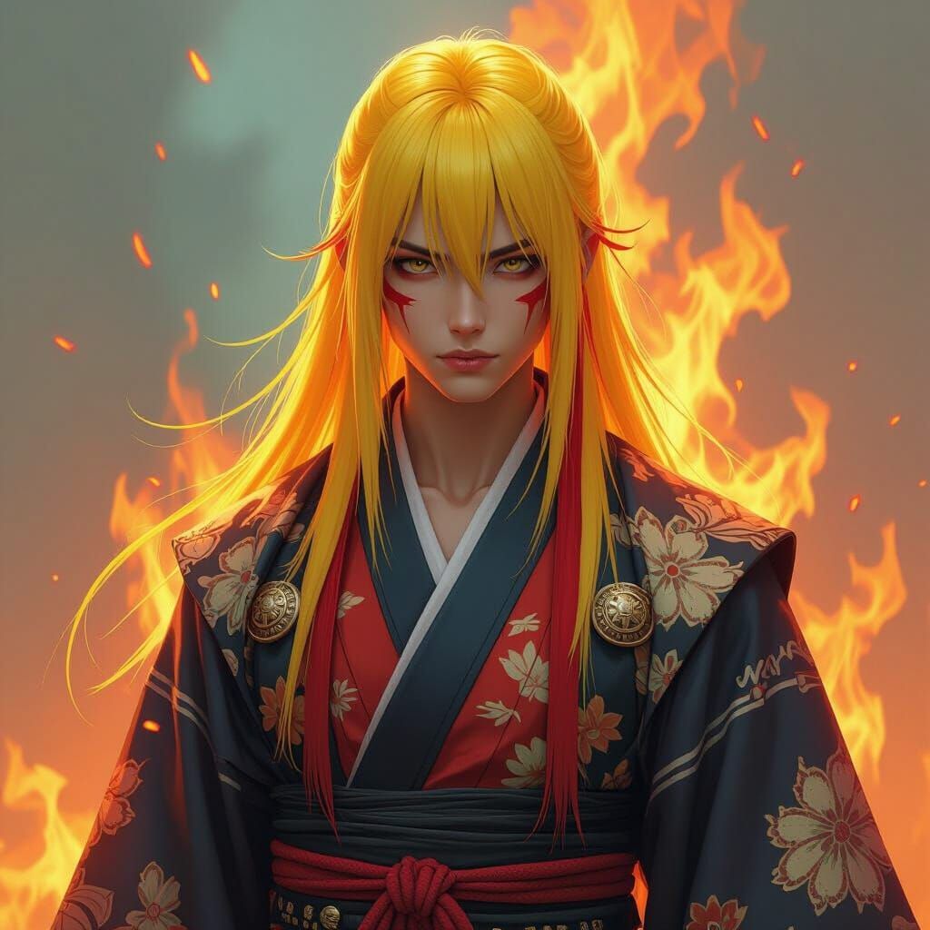 Fire Ninja Warrior with Yellow Hair, Hyperrealistic Art
