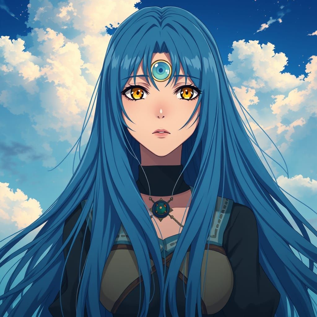 Mystical Woman with Third Eye, Long Blue Hair, and Yellow Ey...