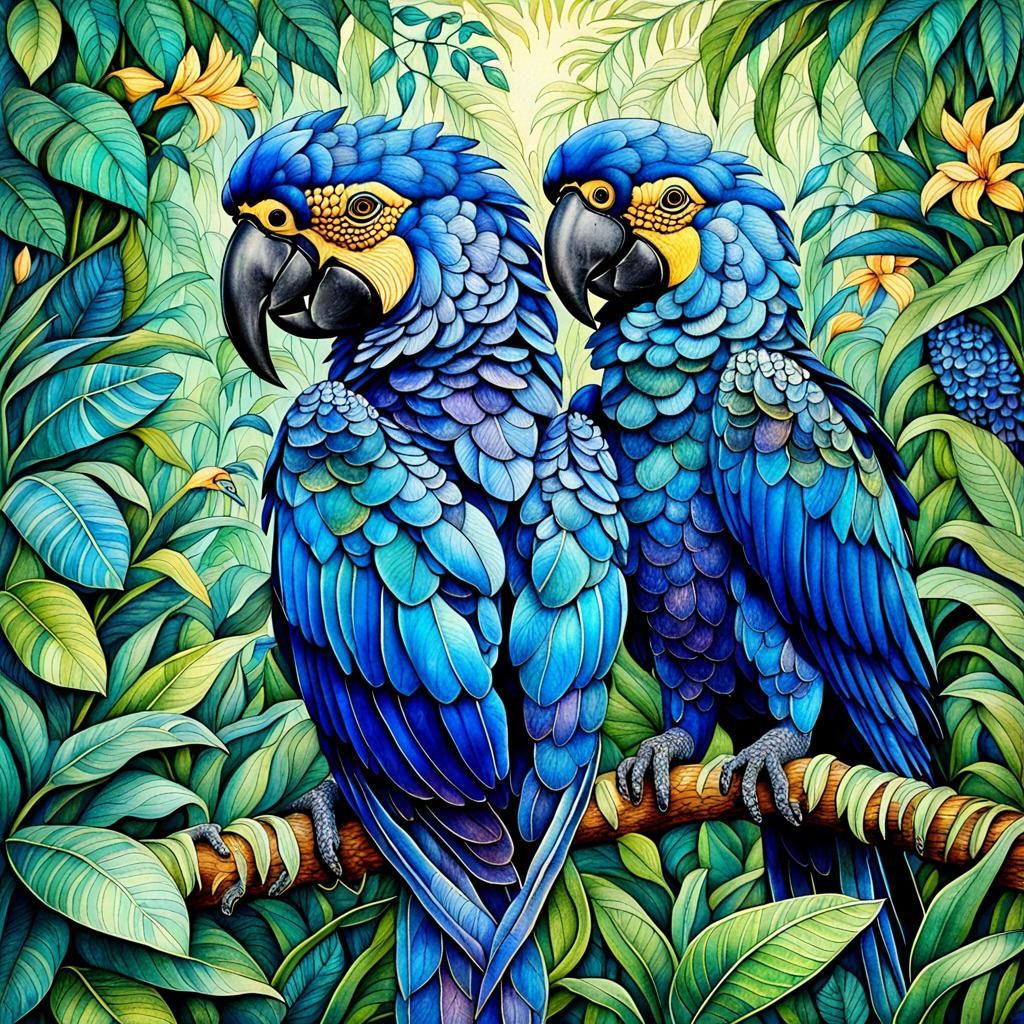 Macaw Birds in Zentangle Jungle with Alcohol Ink