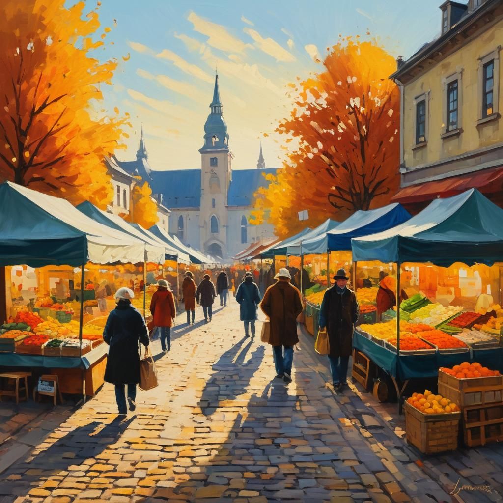 Impressionist Autumn Market Scene in Golden Light