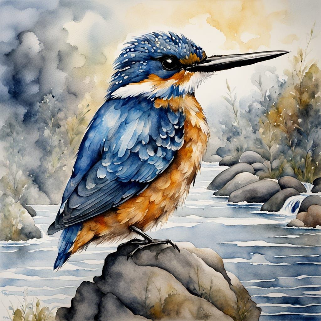 Whimsical Kingfisher Bird Watercolor Painting