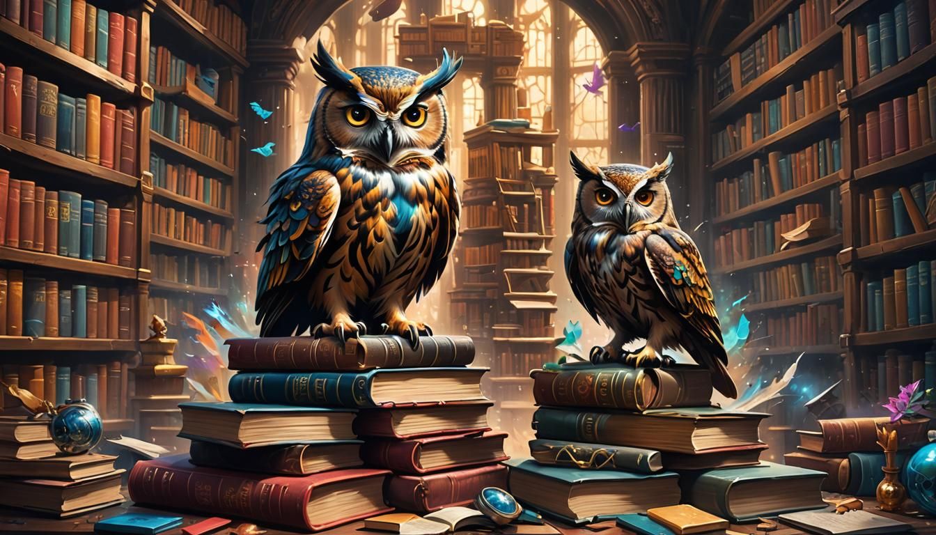 Wise Owl in Ancient Library Graffiti Art