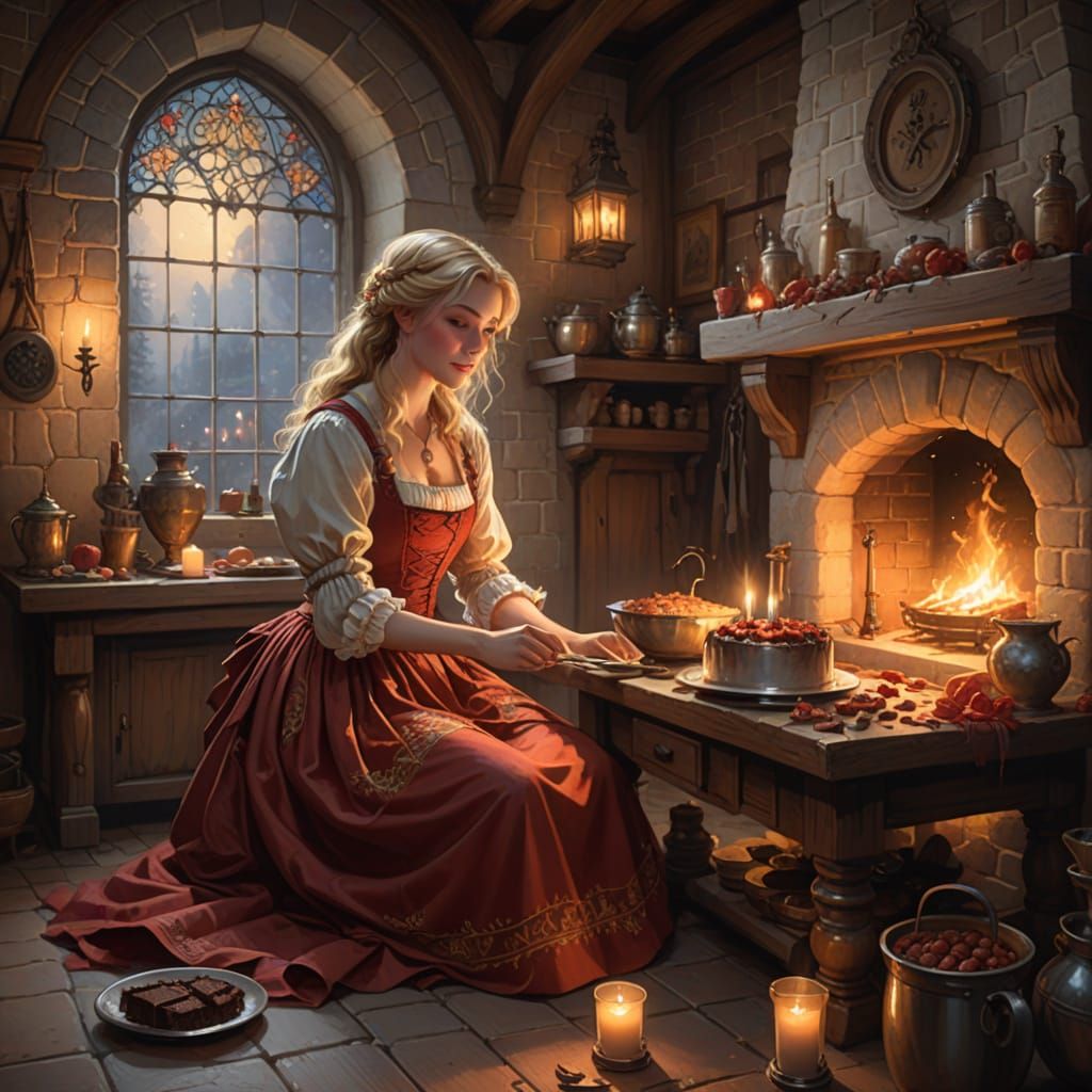 Blonde Woman Baking Chocolate Cake in Medieval Kitchen