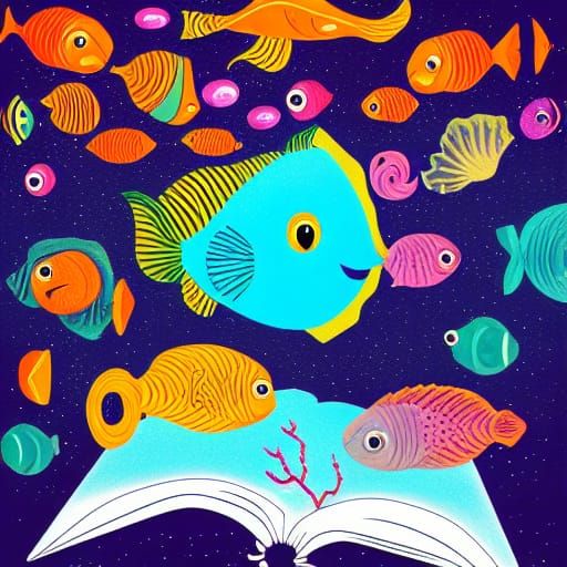 Psychedelic Anglerfish in Deep Water with Books