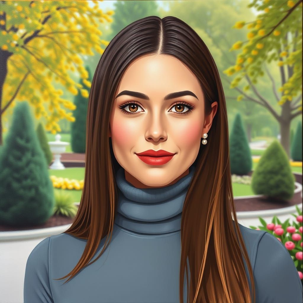 Elegant Woman in Garden, Minimalist Oil Painting