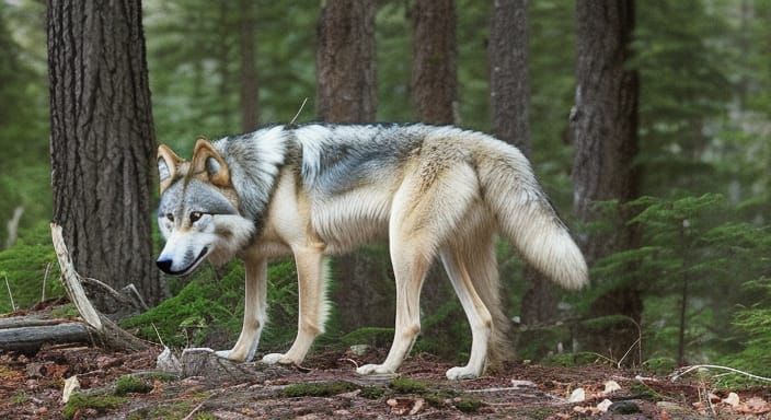 Wolf Standing in a Dense Forest