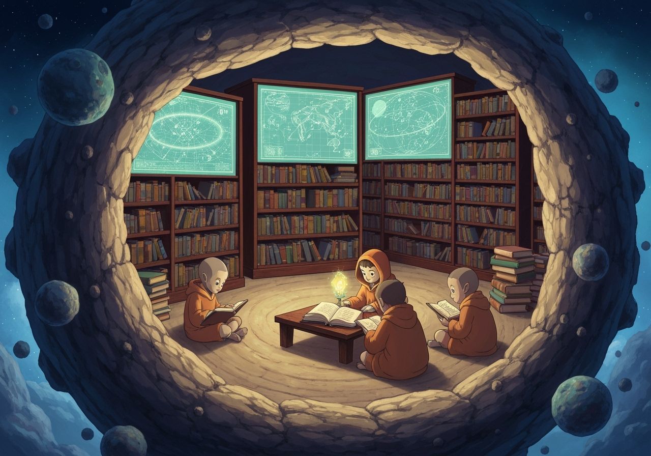 Cozy Alien Library in Asteroid, Miyazaki Style