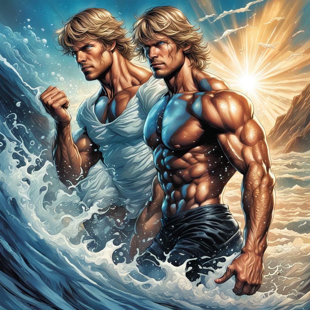 Hyperrealistic Unclad Man in Sapphire Ocean Fantasy