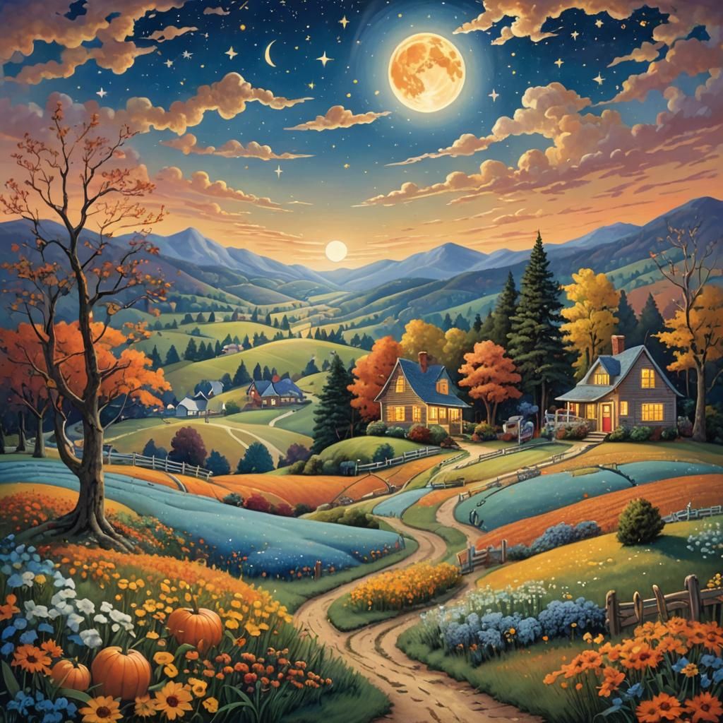 Harvest Moon Folk Art Landscape at Night