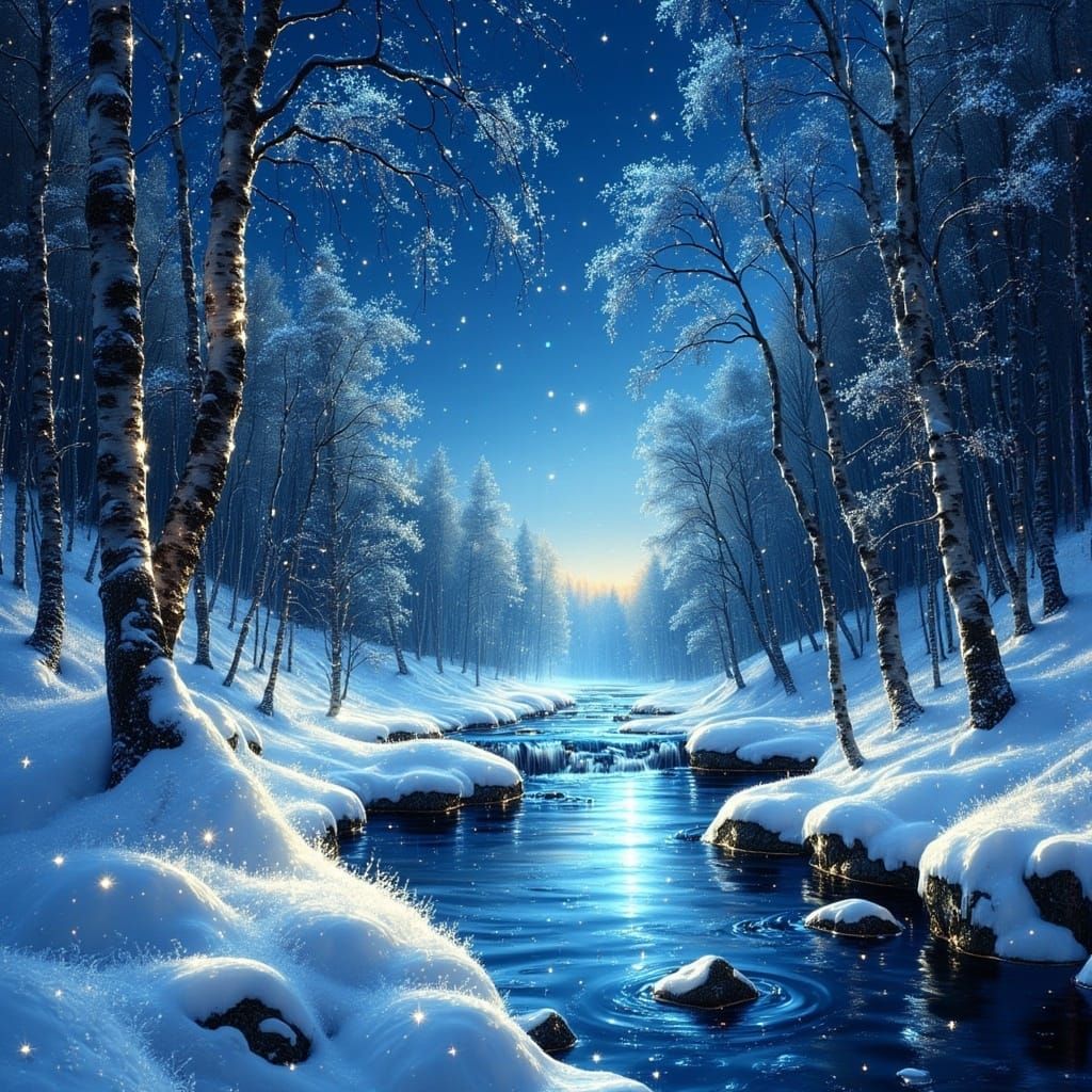 Serene Winter Creek Glows with Blue Bioluminescence