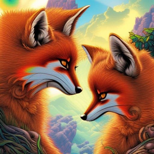 Rainbow Fox Cubs in Comic Book Style