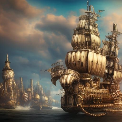 Detailed Steampunk Pirate Ship in Cityscape