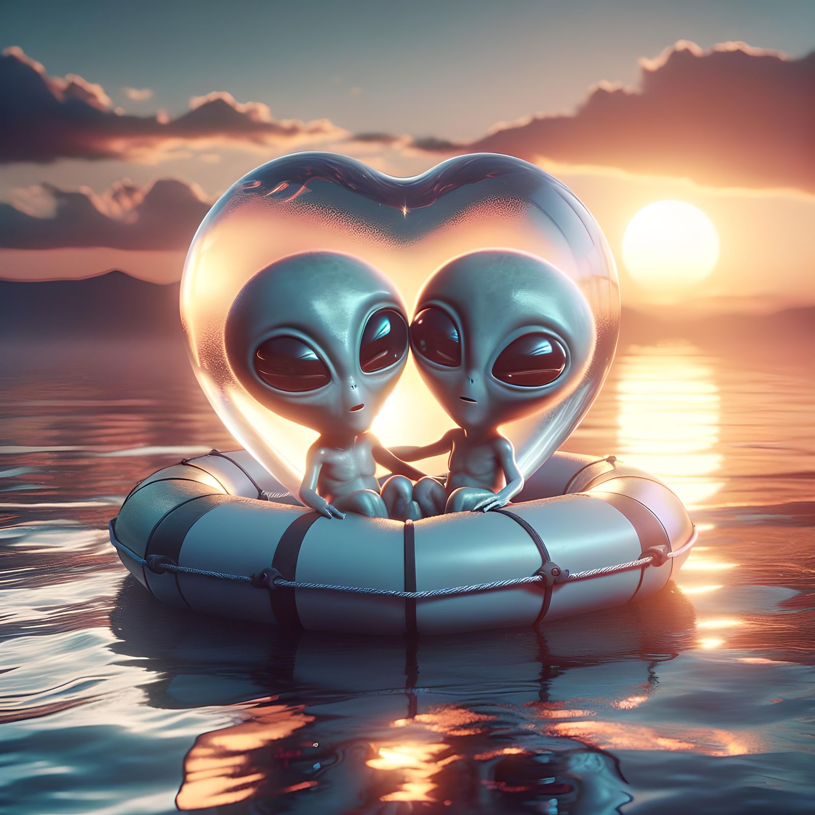Hyperrealistic Aliens Adrift at Sunset in Lifeboat