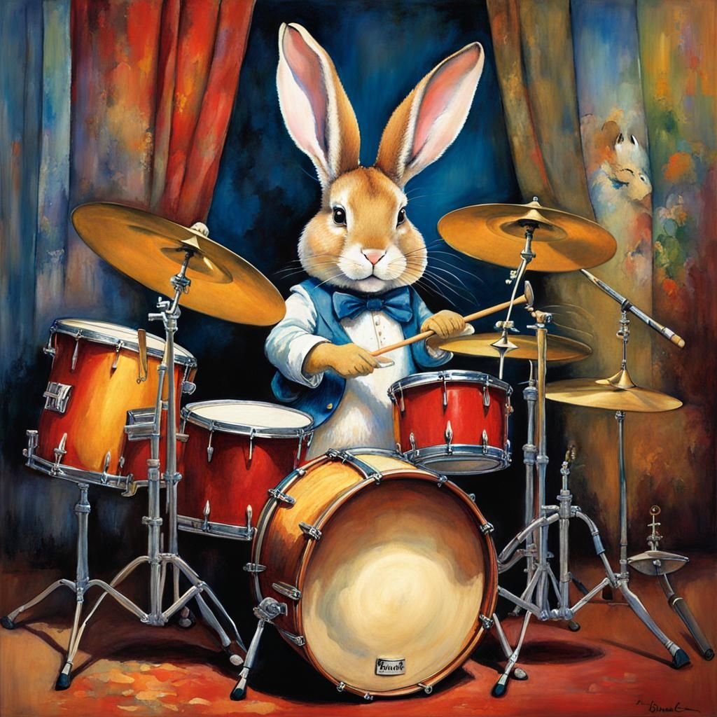 Whimsical Bunny Drummer's Impressionistic Stage Performance