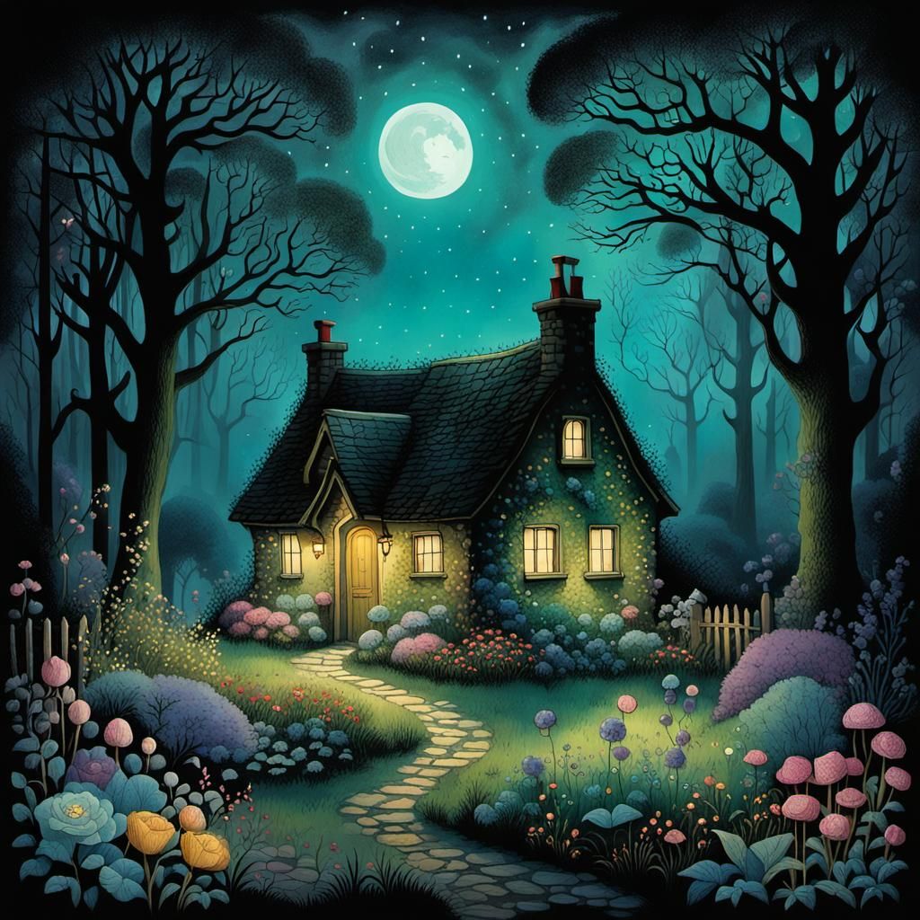 Misty Night Garden and Cottage in Graphic Novel Style