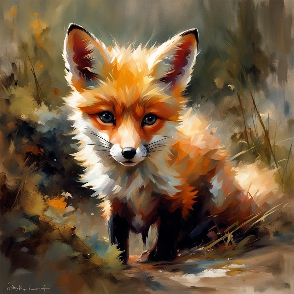 Cute Baby Fox in Impressionist Watercolor Style