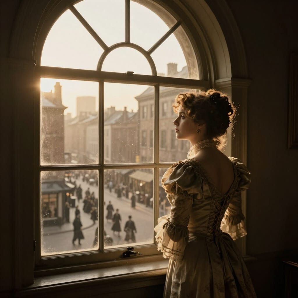Victorian Woman Sees Future Cityscape in Golden Hour Light