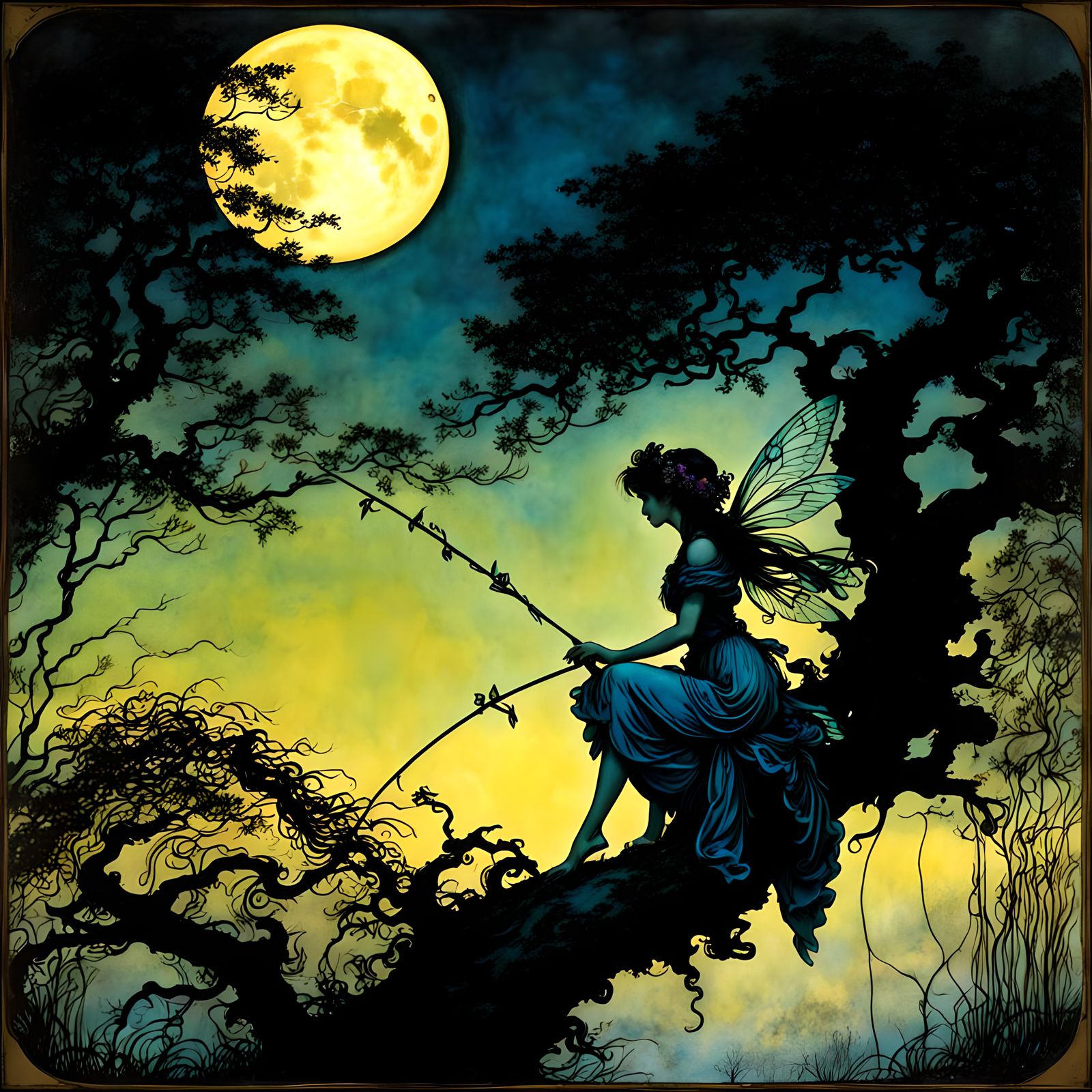 Exquisite fantasy fairy harvest moon, neon silhouette, by Ar...
