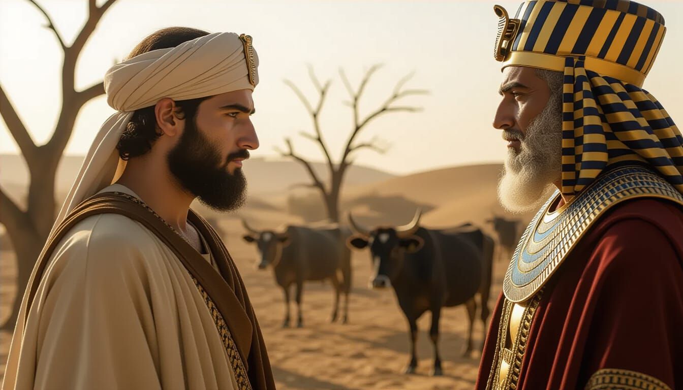 Joseph Stands Beside Pharaoh During Famine In Egypt