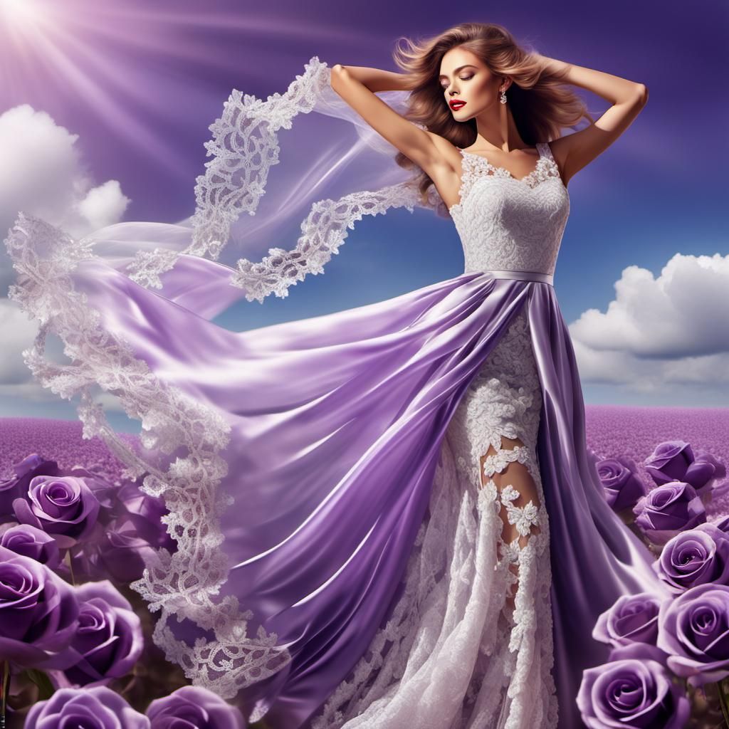Glamorous Woman in Flowing Gown with Roses