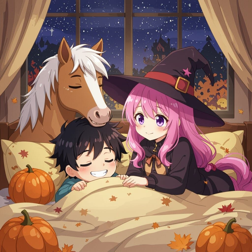 Mystical Anime Couple on Bed in Autumn Night