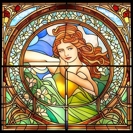 Art Nouveau Stained Glass Flowers in Golden Light
