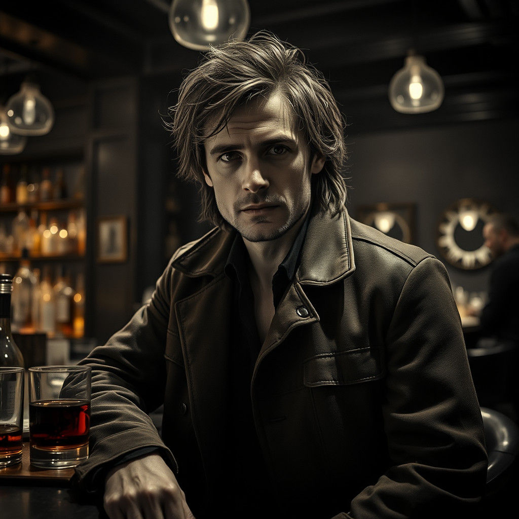 Monochrome Man at Bar with Colorful Drinks