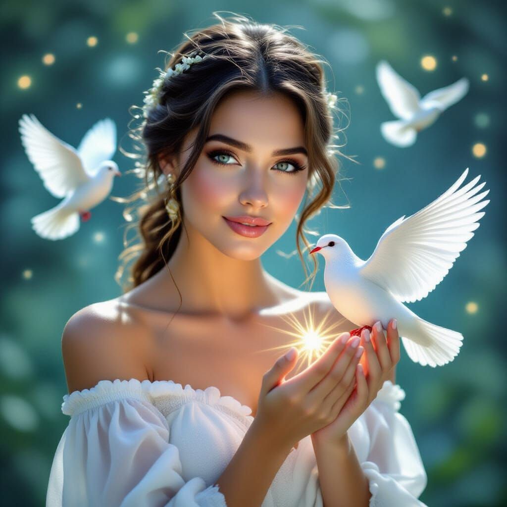 Woman Holding Dove of Peace with Fairy Lights