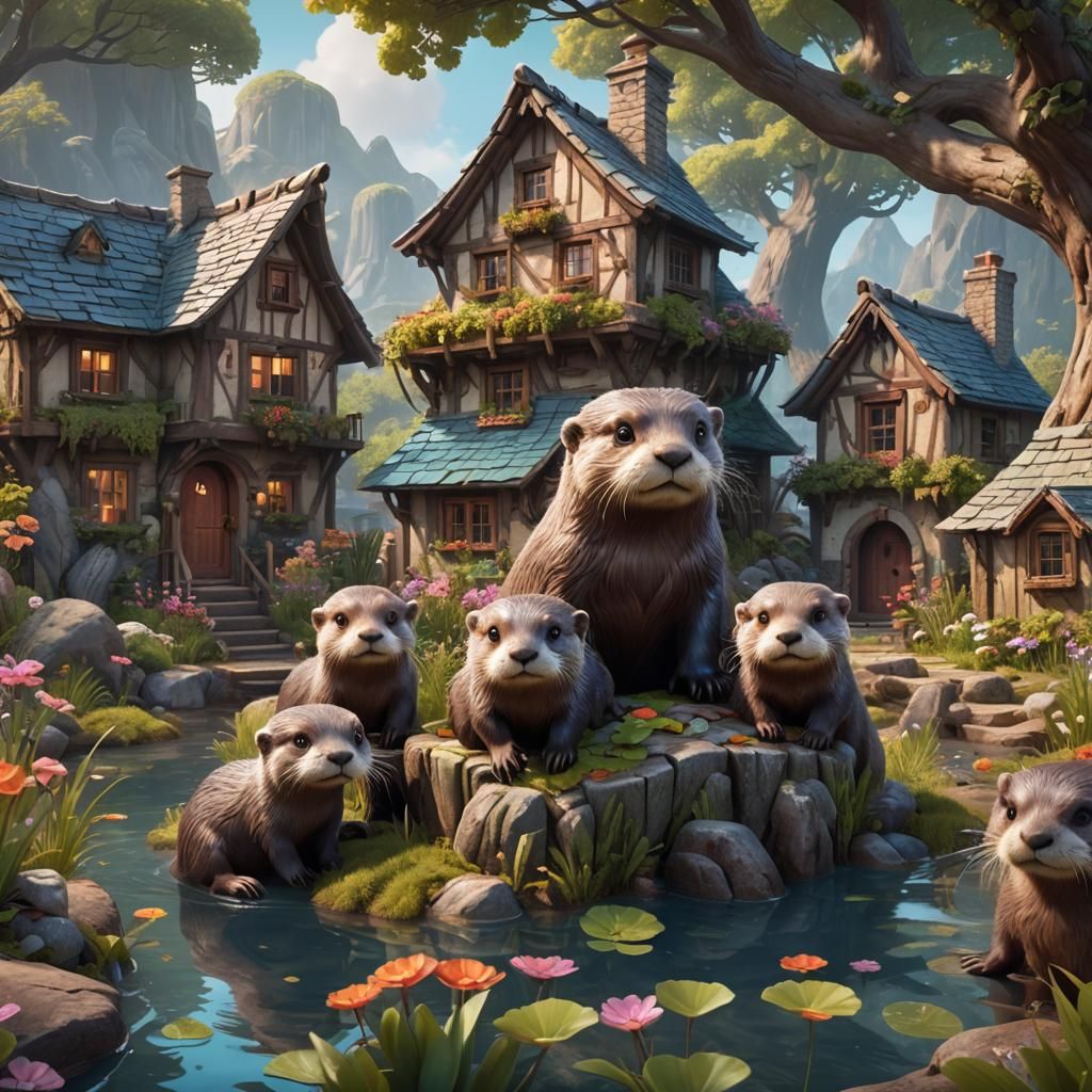 Super Cute Otters With a House: Detailed Matte Painting
