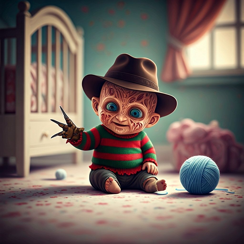 Baby Freddy Krueger Playing in Pastel Nursery
