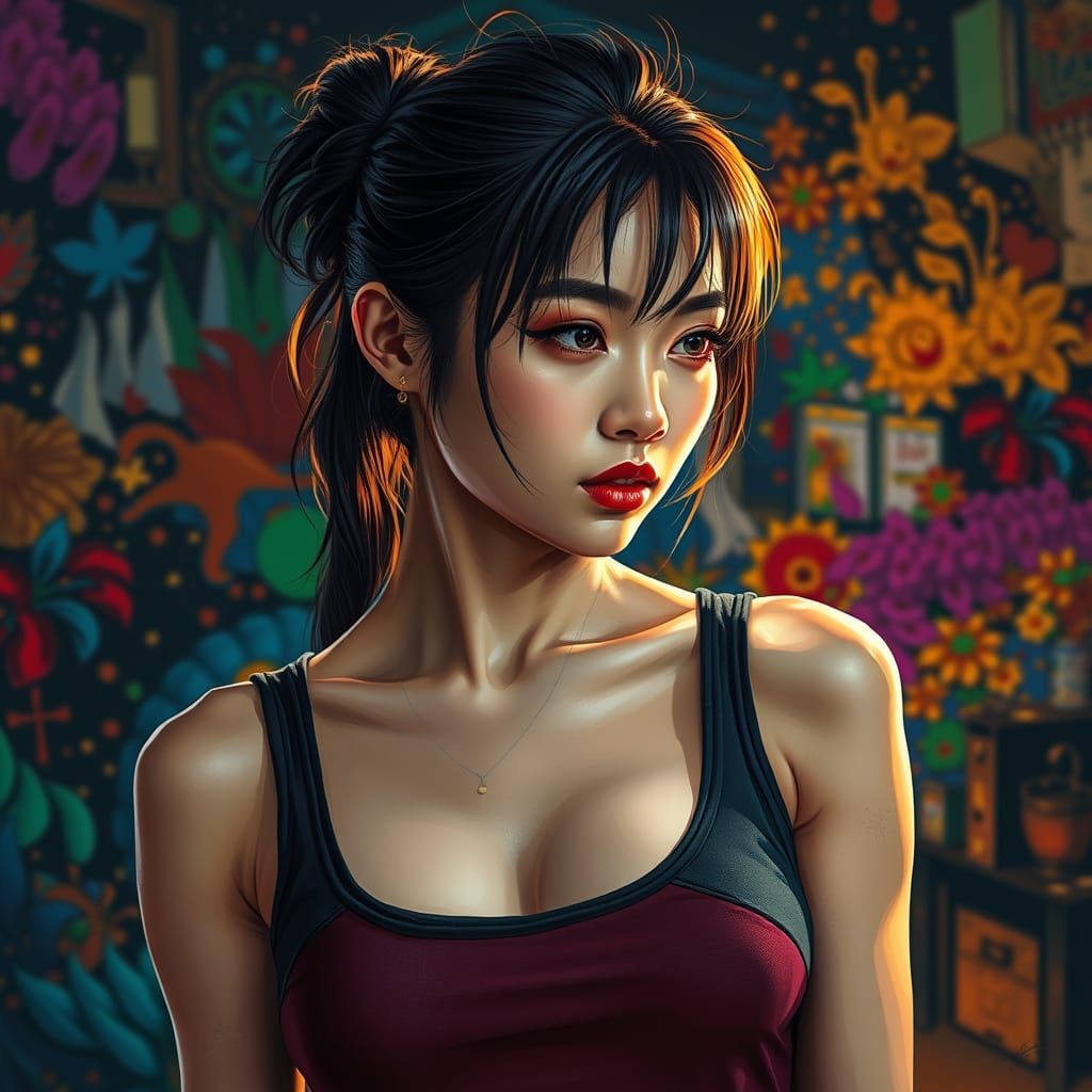 Woman in Tank Top: Hyperrealistic Splash Art