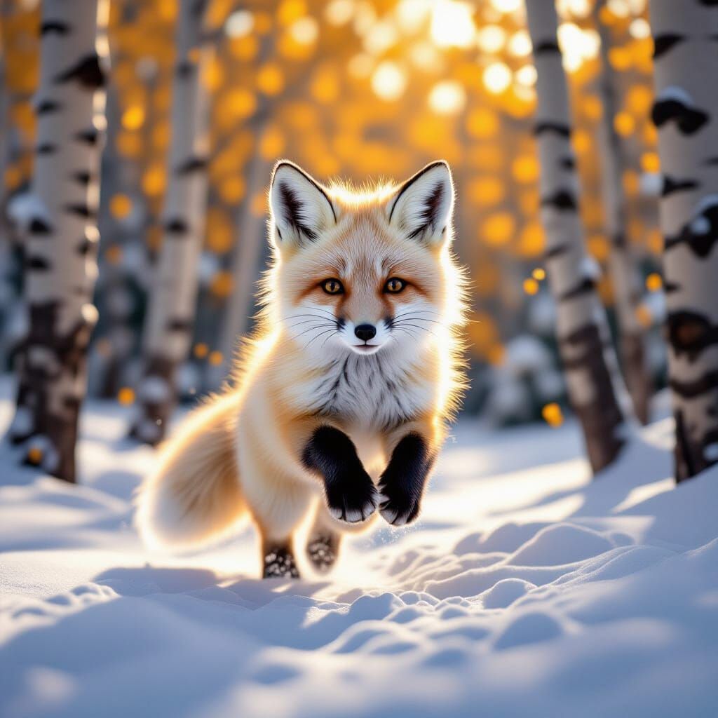 Fluffy White Fox Cub Jumping in Snow, Digital Painting